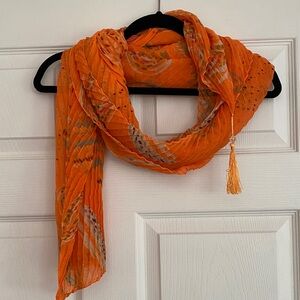 Vibrant Orange Pleated Scarf with Tassel